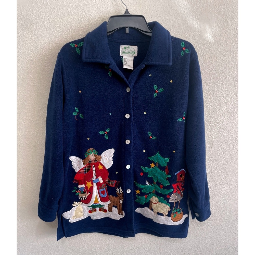 The Sweater Factory Christmas Fleece Jacket Womens XS Navy Blue Excellent Angel